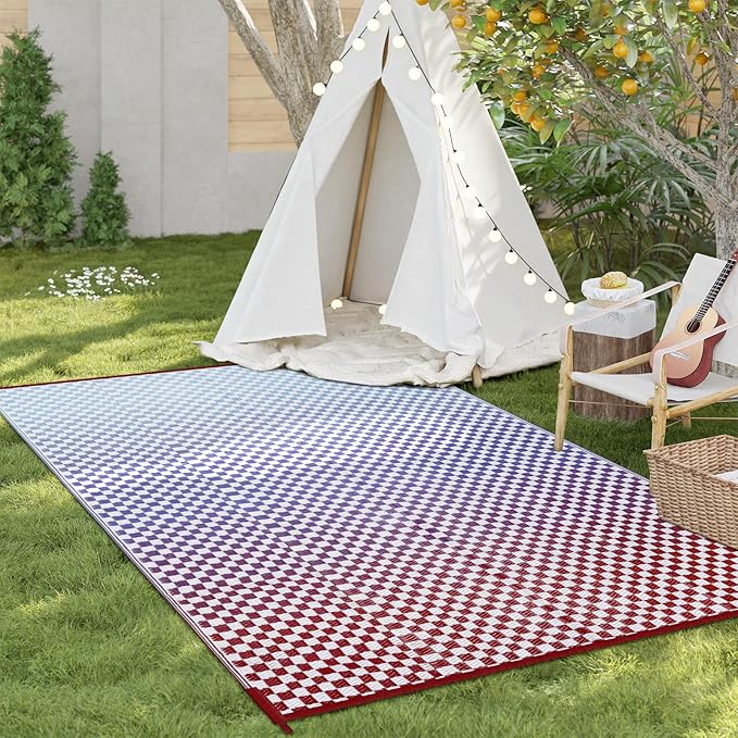 Wonnitar Waterproof Outdoor Rug 6x9 - Blue Purple Gradient Checkered Camping Plastic Straw Rug, Reversible Outside Mat for Patio RV Backyard, Lightweight Portable Deck Carpet