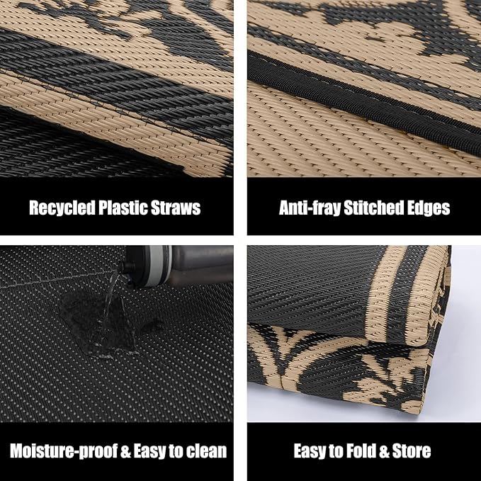 Patio Rug 5'x8' Waterproof Outside Area Rugs Reversible Brown Outdoor Plastic Straw Carpet for RV Deck Camping Entryance Porch Picnic Balcony Beach