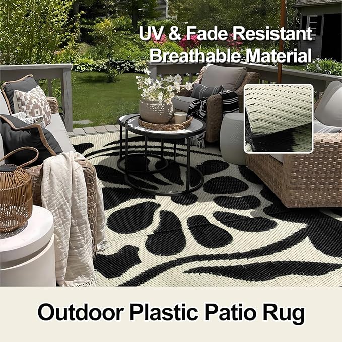 Wonnitar 6x9 Outdoor Rug, Waterproof Plastic Straw RV Outdoor Rugs, Reversible Large Portable RV Camping Rugs, Outsided Abstract Flower Patios Area Rug for Deck Backyard Balcony (Black & White, 6'x9')