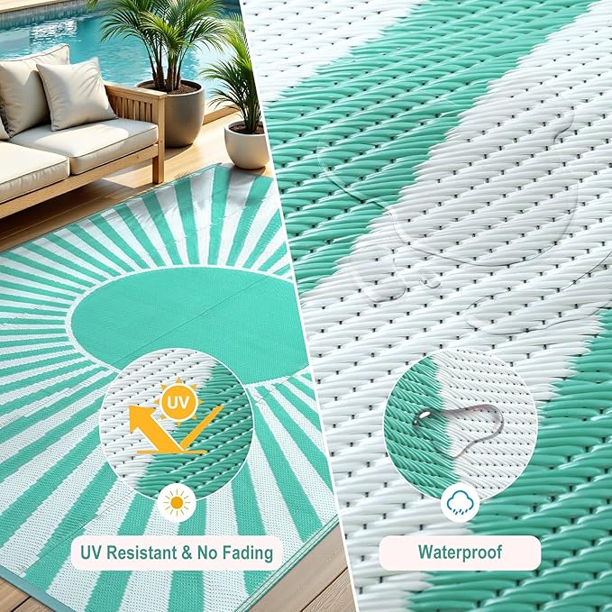 Anidaroel Outdoor Area Rug for Patio Clearance 5x8ft Waterproof, Reversible Plastic Straw Rug Outside Rug, Outdoor RV Mat for Camping, Porch, Balcony, Pool Deck, Backyard(Green,5‘x8')