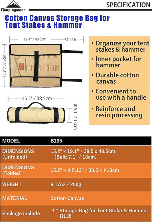 CAMPINGMOON Cotton Canvas Tent Stakes Case Storage Bag Max 13.78’’/35cm in Length Beige Color B135