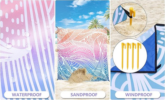 Beach Blanket Waterproof Sandproof Beach Mat 79" X 83" /10'x9'for 2-8 Adults Quick Drying Outdoor Picnic Mat Beach Accessories for Travel, Camping, Hiking