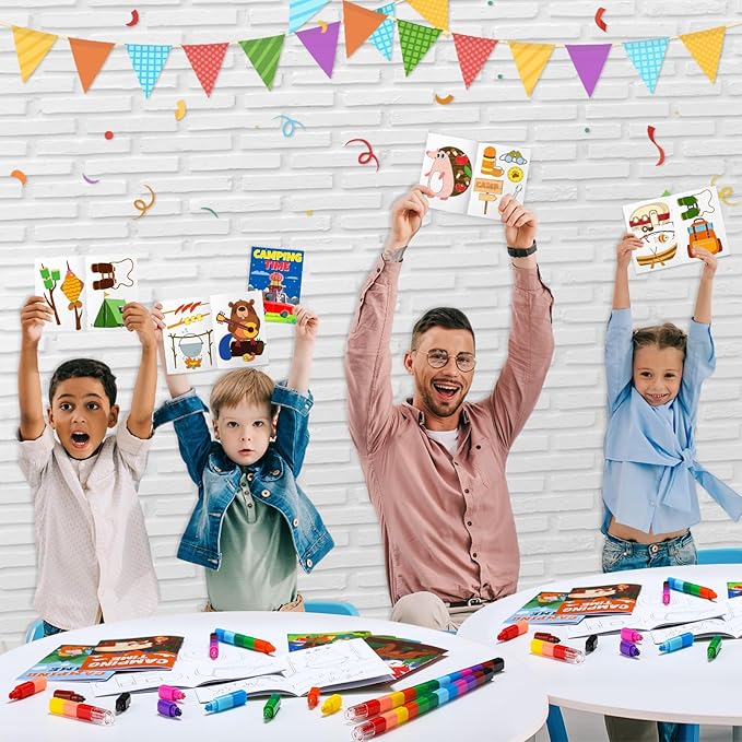 Pasimy 48 Pcs Camping Party Favors Coloring Books with Stackable Crayons Coloring Pages Drawing Booklet Party Supplies for DIY Art Painting Games Goodie Bag Fillers