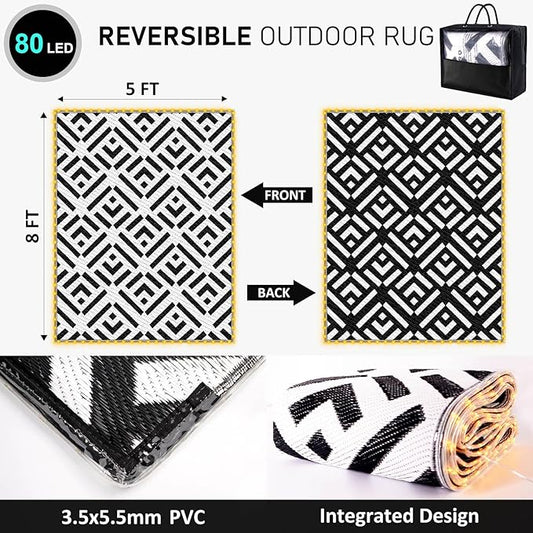 Outdoor Rug 5x8Ft, Solar Powered Outdoor Camping Rug with 80LEDs Strip Lights, Waterproof Plastic Reversible Outdoor Straw Rug Mat for RV Camping Patio Beach Balcony House Deck Picnic