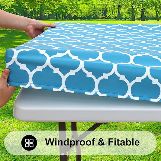 Smiry Rectangle Picnic Table Cover, Waterproof Elastic Fitted Camping Tablecloths for 4 Foot Tables, Wipeable Flannel Backed Vinyl Tablecloth Protector for Indoor, Outdoor (Light Blue, 30x48 Inches)