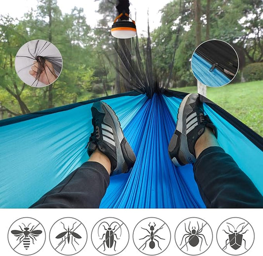 G4Free Large Camping Hammock with Mosquito Net 2 Person Pop-up Parachute Lightweight Hanging Hammocks Tree Straps Swing Bed for Outdoor Backpacking Backyard Hiking