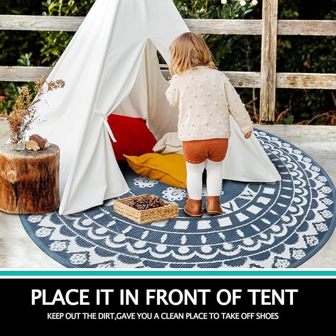 Capslpad 6Ft Round Outdoor Rug for Patios Clearance Reversible Mat Plastic Straw Patio Rugs Lightweight RV Camping Mat Circle Outside Area Rug Carpet for Balcony Deck Trailer Picnic,Blue