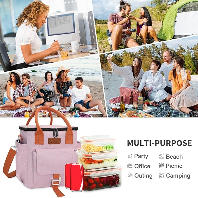 Joymee Insulated Lunch Bag for Women/Men, Waterproof Lunch Box for Office Work Picnic Beach, Reusable Large Leakproof Cooler Tote Bag with Adjustable Shoulder Strap & Side Pocket, Pink