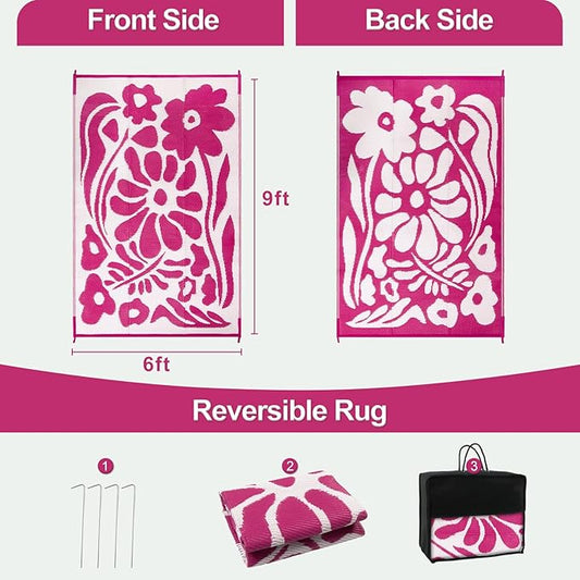 Wonnitar Outdoor Rug 6x9, Waterproof RV Outdoor Rugs for Camping, Reversible Plastic Straw Outside Camping Rug Large Portable Abstract Floral Picnic Mat for Camper Garden Beach Camp (Pink, 6'x9')