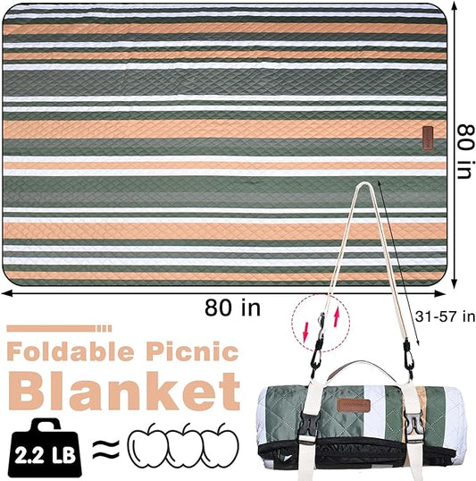 Waterproof Picnic Blanket 80" x 80" in Portable with Carry Strap for Beach Mat or Family Outdoor Camping Party, Park Blanket for Grass Park Hiking Travel Concerts (Dark Green&White&Orange, 80" x 80")