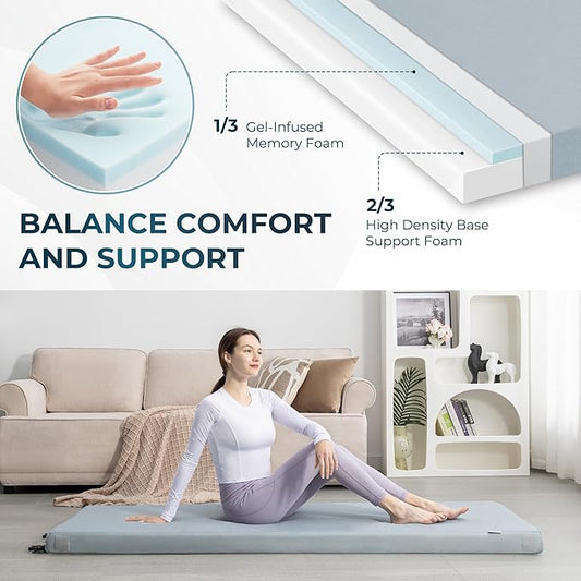 Kingfun Memory Foam Camping Sleeping Pad, CertiPUR-US Camping Mattress Waterproof Roll Up Mattress Guest Bed, Thick Floor Sleeping Mat for Car Truck Tent for Adults with Travel Bag