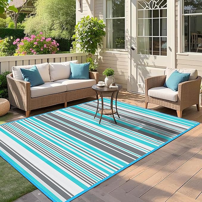 Outdoor Patio Plastic Rug Waterproof - Outdoor Rugs for Camper Outside, Rv, Porch Deck Rug Clearance, Area Carpet for Outside, Balcony, Patio Decor, Blue & Grey, 5x8 ft