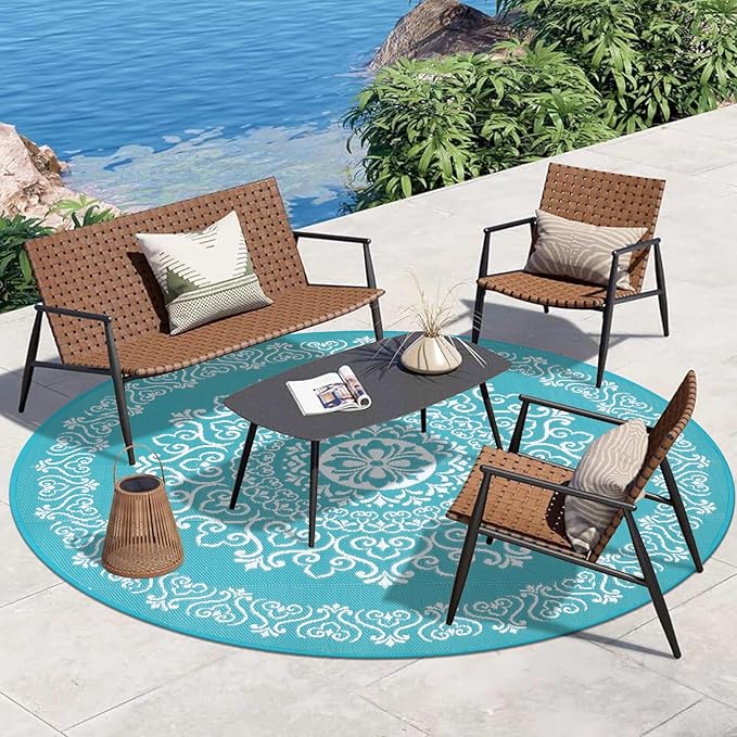 Pauwer Waterproof Outdoor Rug 8ft, Reversible Plastic Straw Patio Camping Rug, Indoor Outdoor RV Mat Carpet for Deck, Camper, Porch, Balcony, Backyard, Picnic, Floral Teal