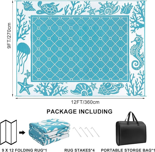 Vaukki Reversible Rugs, Plastic Straw Outdoor Doormat, Fade Resistant Plastic Outdoor Patio Mat, Lightweight Ocean Area Carpet for Patio, RV, Camping, Beach, Deck, Backyard and Picnic (Teal, 9'x12')