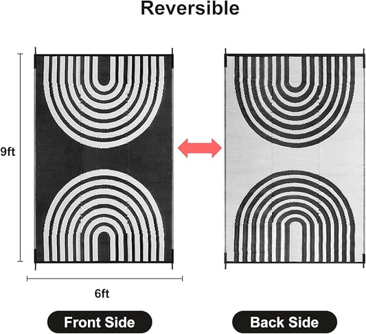 Anidaroel Outdoor Area Rug for Patio Clearance 6X9ft Waterproof, Reversible Plastic Straw Rug Outside Rug, UV Resistant RV Mat for Camping, Porch, Balcony, Pool Deck(Black&White, 6‘x9')