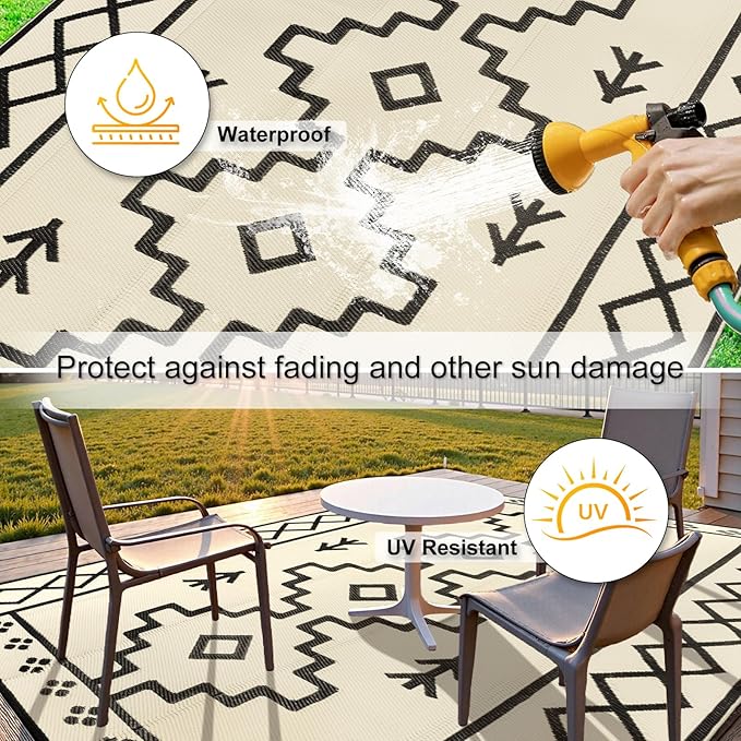 Uphome Outdoor Rugs 8x10 Waterproof, Reversible Tan Boho RV Camping Rug, Patio Plastic Straw Outside Rug, Large Foldable Outdoor Mat Carpet for Backyard Deck Pool Balcony Picnic Beach, 8'x10'