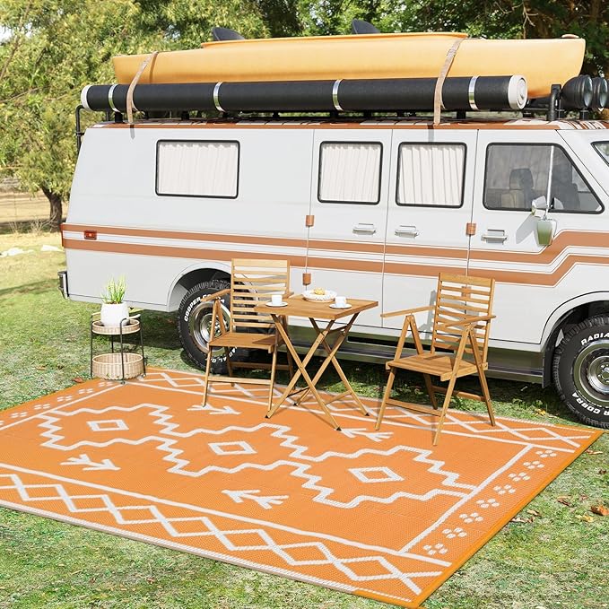 Uphome Outdoor Rugs 8x10 Waterproof, Reversible Orange Boho RV Camping Rug, Patio Plastic Straw Outside Rug, Large Foldable Outdoor Mat Carpet for Backyard Deck Pool Balcony Picnic Beach, 8'x10'