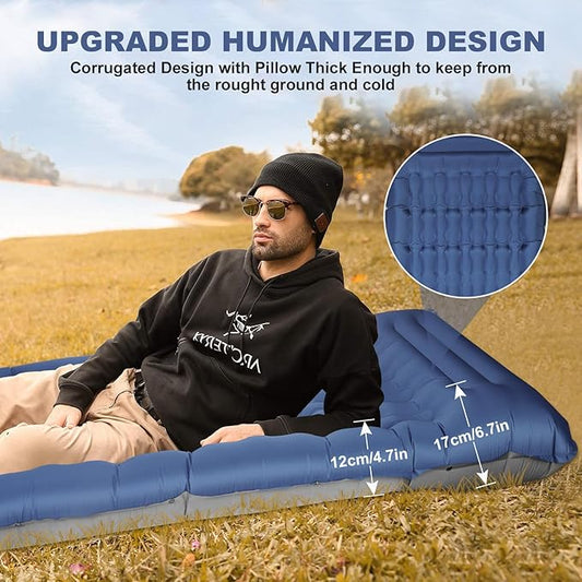 Camping Sleeping Pad with Pillow: Extra Thick 4.7 Inch Ultra-Light Self Inflating Airpad, Most Comfortable Inflatable Sleep Mattress with Foot Pump for Backpacking, Camp, Hiking, Tent (Navy Blue)