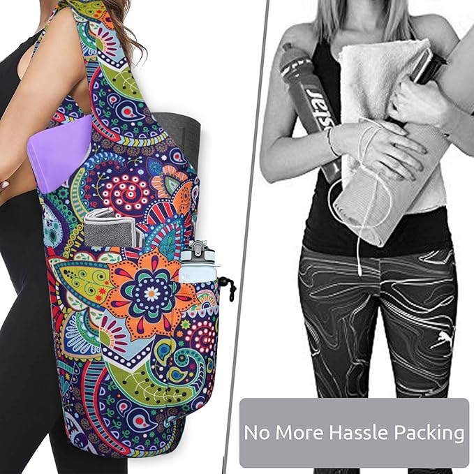 Yoga Mat Bag - Large Opening Long Tote Yoga Mat Carrier Holder Bag with Waterproof Wet Zipper Pocket and Drawstring Water Bottle Pocket - Yoga Bag Fit Most Size Mats