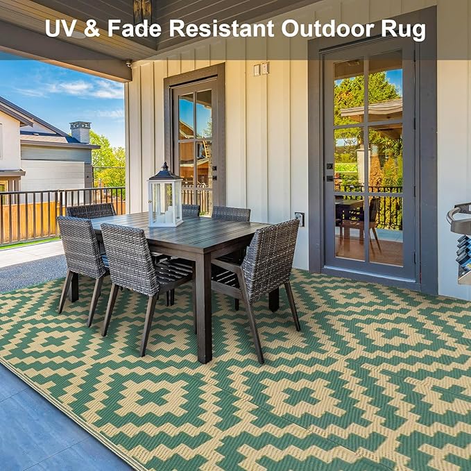 Outdoor Patio Plastic Straw Rug - 8'x10' Outdoor Camping Rug Waterproof Reversible, Area Carpet Patios Clearance RV, Outside Porch Balcony Deck for Camper, Green & Yellow