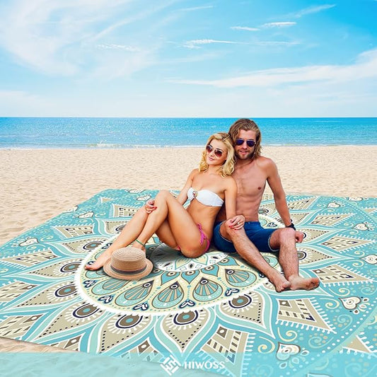 Beach Blanket Waterproof Sandproof Oversized 95”x 80”,Sand Free Beach Mat with Corner Pockets,Portable Mesh Bag for Beach Festival,Picnic,Travel and Outdoor Camping (Tealish Green)