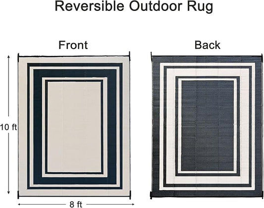 RURALITY Outdoor Rugs 8x10 Waterproof for Patios Clearance,Plastic Straw Mats for Backyard,Porch,Deck,Balcony,Reversible,Black and Beige