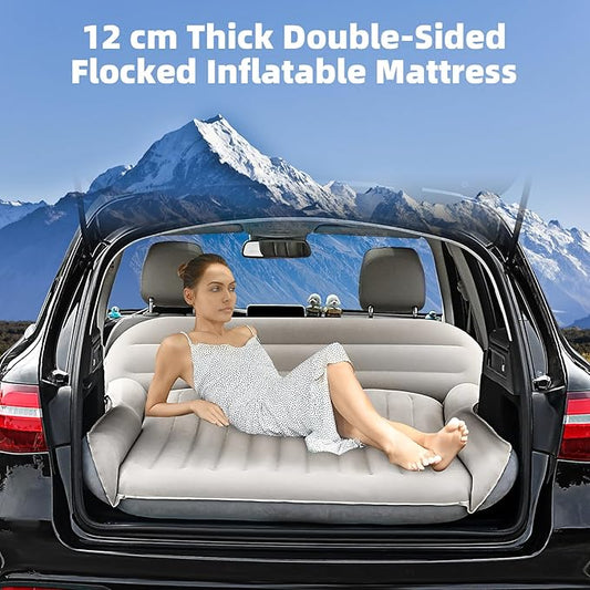 KMZ SUV Air Mattress Thickened Double Flocking Camping Mattress Upgraded Portable Sleeping Car pad Comfortable Inflatable Travel Bed with External Pump and 2 Pillows(Off-White and Light Gray)