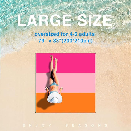 Beach Blanket, Waterproof Sandproof Beach Mat Oversized 79 X 83 Inch for 4-6 Adults, Lightweight Picnic Blanket, Portable Picnic Mat for Outdoor Travel Camping Hiking with 4 Stakes & 4 Corner Pocket