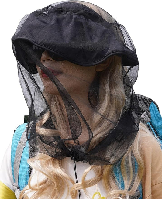 Wohohoho Mosquito Head Net Mesh With Drawstring, Bug Face Shield for Hats, Beekeeper Mask Protection for Men & Women Against Midges, Bugs & Gnats (2 Packs, Black, Updated Big Net)