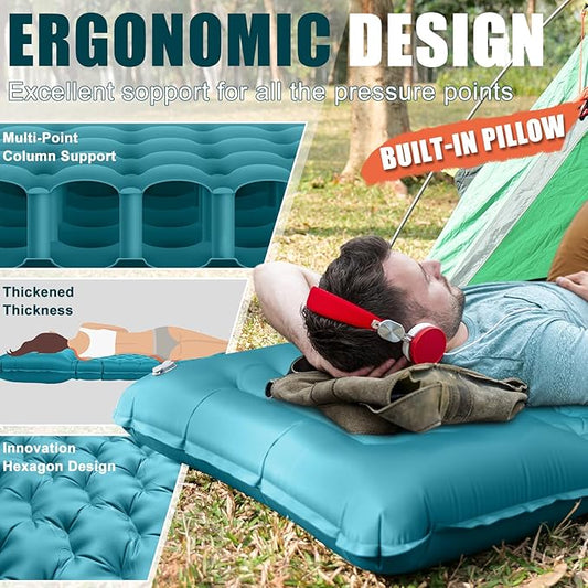 Inflatable Camping Sleeping Pad with Pillow, Extra Thickness 4 Inch Sleeping Mat with Built-in Pump, Compact & Ultralight Camping Air Mattress for Backpacking Hiking Tent Traveling