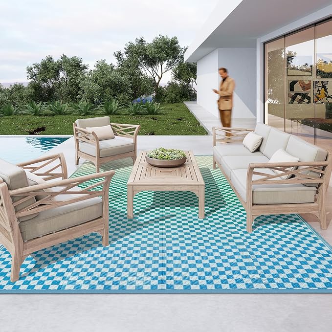 Wonnitar Waterproof 9x12 Outdoor Rug - Blue Yellow Gradient Geometric Patio Rug, Extra Large Plastic Straw Carpet for Balcony Beach Garden Deck, Reversible Outdoor RV Camping Mat