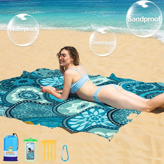 BYDOLL Beach Blanket 78''X81'' 4-7 Adults Oversized Lightweight Waterproof Sandproof Blanket for Beach Large Picnic Mat Travel Camping