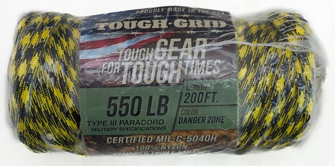 TOUGH-GRID Premium Danger Zone Paracord 550 lbs Made in USA Outdoor Survival Nylon Rope Tactical Heavy Duty Strands Parachute Cord Used by US Military Type III Mil-Spec