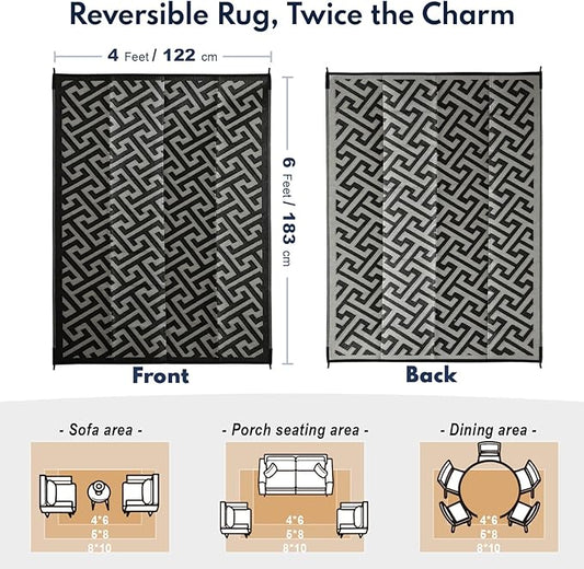 Waterproof Outdoor Rug 4x6 ft, Reversible Plastic Straw Rug, Easy to Clean Patio Rug, Portable Carpet for Patio, RV, Deck, Balcony, Backyard, Picnic, Beach, I-Shaped, Black