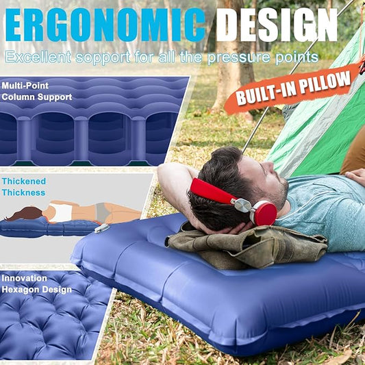 Inflatable Camping Sleeping Pad with Pillow, Extra Thickness 4 Inch Sleeping Mat with Built-in Pump, Compact & Ultralight Camping Air Mattress for Backpacking Hiking Tent Traveling