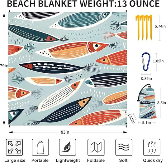 Large Beach Blanket Waterproof Sandproof 79"x 83" for 1-4 Adults,Quick Drying Beach Mat,Lightweight & Durable,Beach Essentials for Family Beach Camping Travel Picnic(Small Fish)