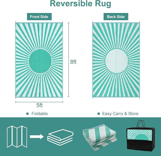 Wonnitar 5x8 Waterproof Outdoor Rug - Reversible Plastic Straw Patio Rug, Portable Outside Carpet for Camping, Indoor Outdoor Mat for Deck Backyard RV Garden Picnic (Blue-Green, 5'x8')