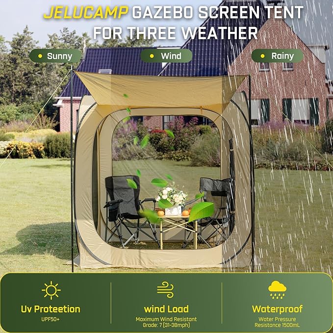 6x6 FT Pop Up Screen Tent - Instant Screened Gazebo Canopy with Mosquito Net, Portable Backyard Tent for 4-6 People, Easy Setup Patio Shelter for Camping, BBQ, Sports & Outdoor Activities