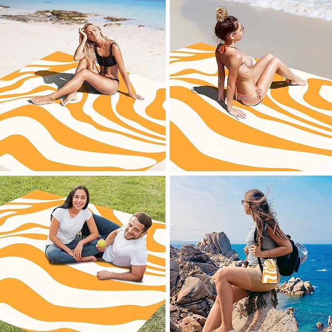 Yellow Beach Blanket, Sand Free Waterproof Outdoor Beach Mat with 4 Stakes & Pockets, 78''×86'' Large Sandproof Foldable Picnic Blanket with Portable Bag for Camping, Travel, Hiking