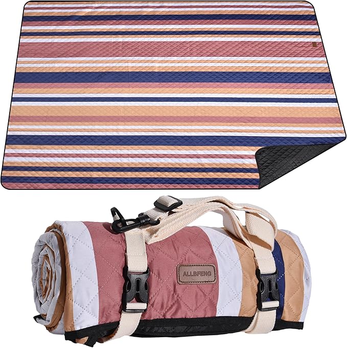 Waterproof Picnic Blanket 80" x 60" in Portable with Carry Strap for Beach Mat or Family Outdoor Camping Party, Park Blanket for Grass Park, Hiking, Travel, Concerts (Brown&Orange, 80" x 60")