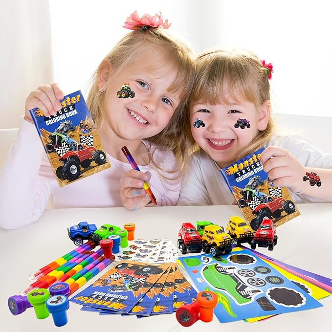 Cinrobiye 72Pcs Monster Truck Coloring Book with Crayons Bulk,Truck Car Party Favors Goodie Bags Fillers,Hot Wheels Birthday Party Supplies Face Stickers Tattoo Prizes Gift for Monster Truck Party