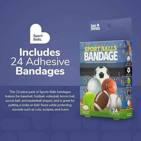 BioSwiss Bandages, Sports Balls Shaped Self Adhesive Bandage, Latex Free Sterile Wound Care, Fun First Aid Kit Supplies for Kids and Adults, 24 Count