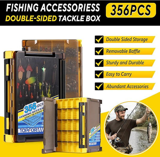 TOPFORT 187/343pcs Fishing Accessories Kit, Organized Fishing Tackle Box with Tackle Included, Fishing Hooks, Fishing Weights Sinkers, Fishing Gear and Equipment, Fishing Gift for Men