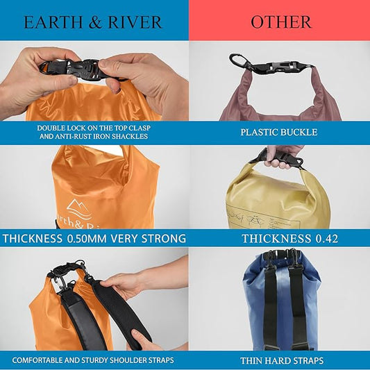 EARTH&RIVER Premium Waterproof Dry Bag Backpack, Extra Thick, Protection for All Water Activities & Camping, Floating Lightweight Dry Bag & IPX8 Waterproof Phone Case (Orange, 5L)