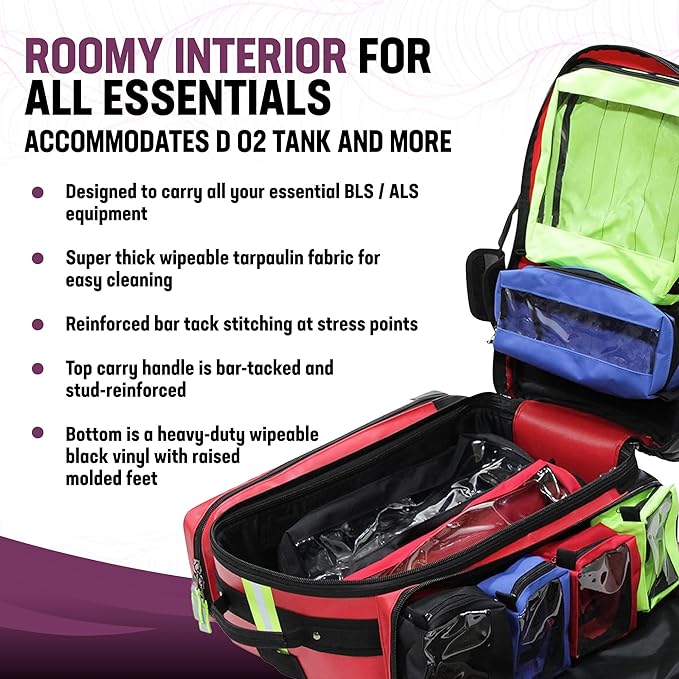 Kemp USA Heavy-Duty EMT Bag, Made with Fluid-Resistant Tarpaulin Material - Emergency Survival Kit with Room for D O2 Tank - Medical Backpack with Multiple Handles