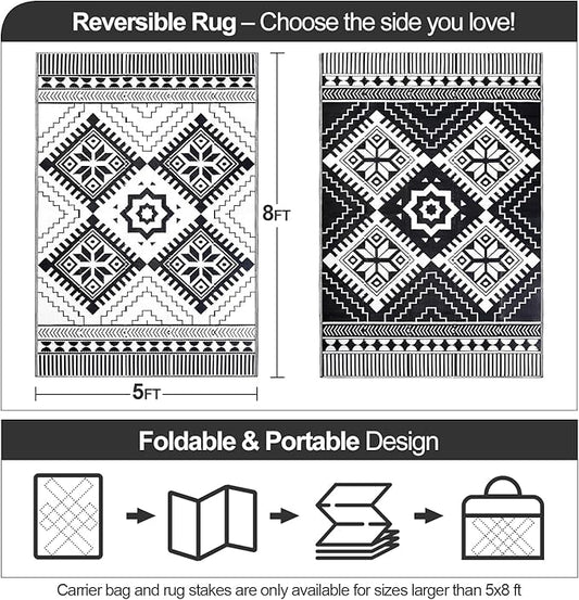 Waterproof Outdoor Rug 5x8ft, Boho Reversible Plastic Straw Mat for Patio RV Deck Porch Backyard Balcony Camping Picnic Beach Indoor Outdoor Carpet, Black&White