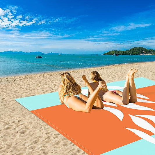 Beach Blanket Waterproof Sandproof, 78”x 86” Outdoor Beach Mat for 1-4 Adults, Quick Drying Foldable Sandfree Picnic Blanket with Stakes & Pockets for Travel, Camping, Hiking, Festival
