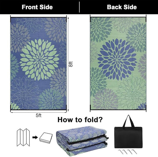 Ileading Reversible Outdoor Rug 5x8Ft Waterproof Patio Rug Carpet Portable Outdoor Plastic Straw Rug Large RV Camping Mat Rug for Patio, Clearance, Deck, Beach, Porch, Camping, Picnic, Colorful