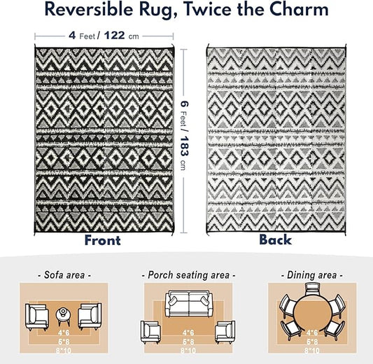 Waterproof Outdoor Rug 4x6 ft, Reversible Plastic Straw Rug, Easy to Clean Patio Rug, Portable Carpet for Patio, RV, Deck, Balcony, Backyard, Picnic, Beach, Geometric Diamond, Gray