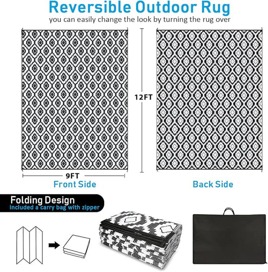 HIHEGD Outdoor Rug 9x12 for Patio Camping RV, Waterproof Reversible Mat, Plastic Straw Rug for Indoor Outdoor Patio Clearance, Porch, Deck, Backyard, Picnic (Black and White)